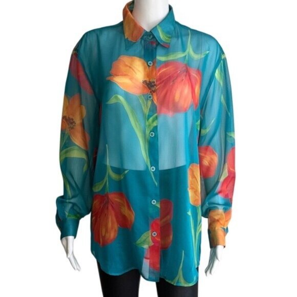 Liz Claiborne Tops - Liz Claiborne LizSport Sheer Floral Button-Down Blouse – Size M